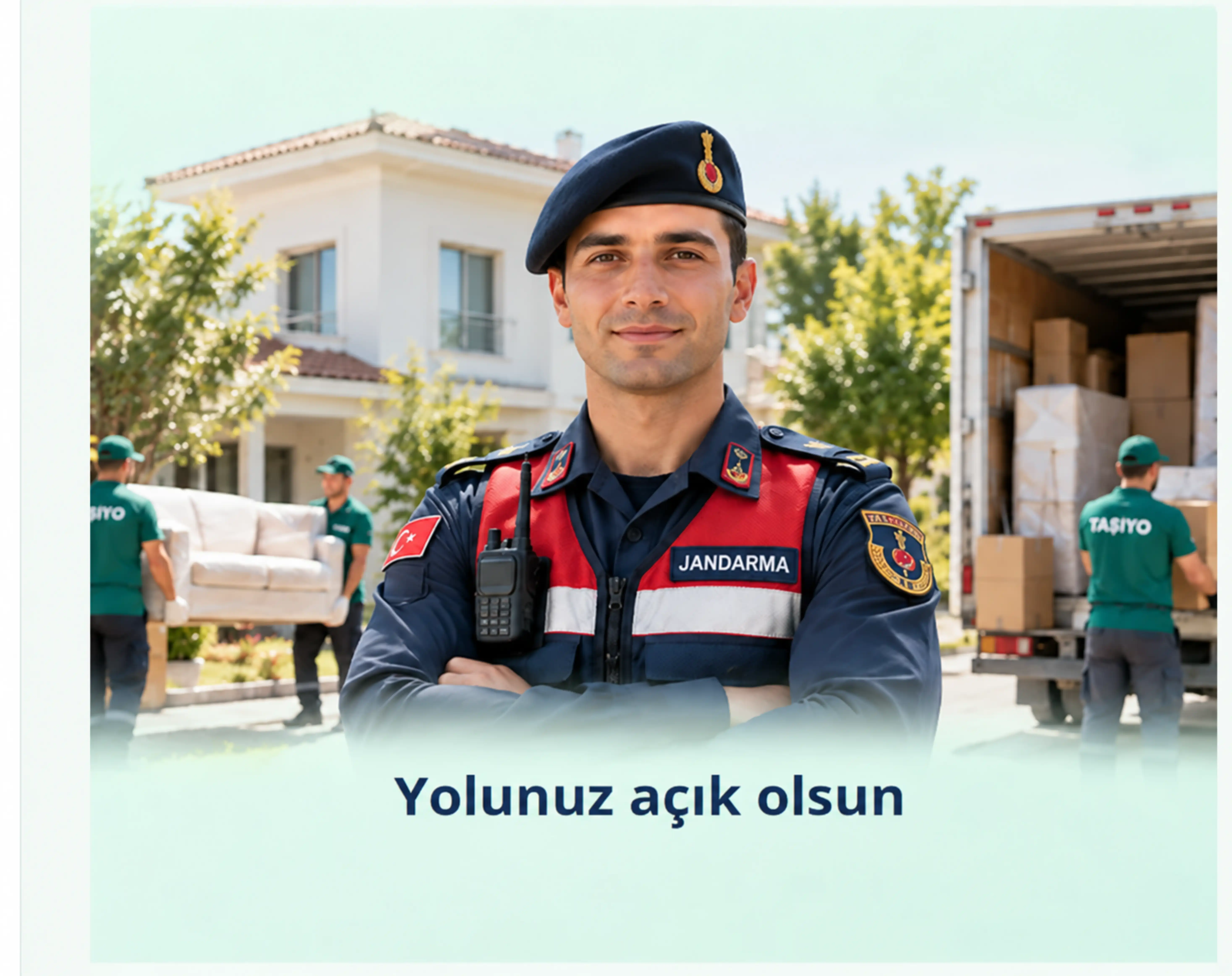 Önde jandarma personeli, arkada yeni eve eşya taşıyan nakliye çalışanları